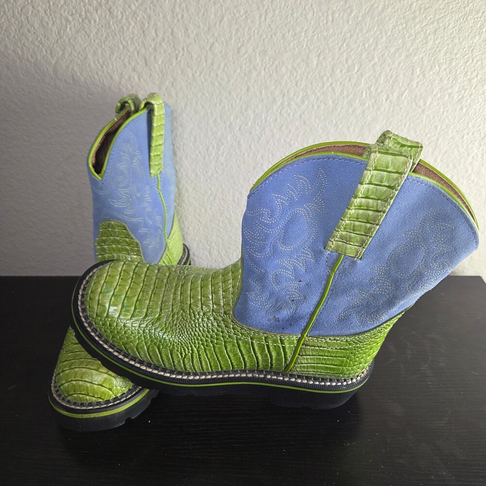 Ariat FatBaby Boots Lime Green Blue Leather Horn Back Print Croc Embossed Size 6